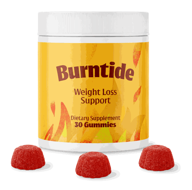 A bottle of Burntide gummies beside loose red gummies
